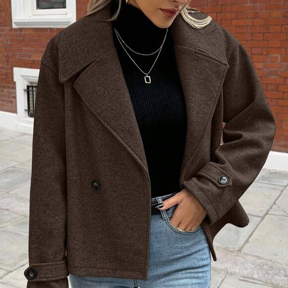 Coffee Brown Casual Women's Large Lapel Decorated Button Long Sleeve Coat - Picture 6 of 7